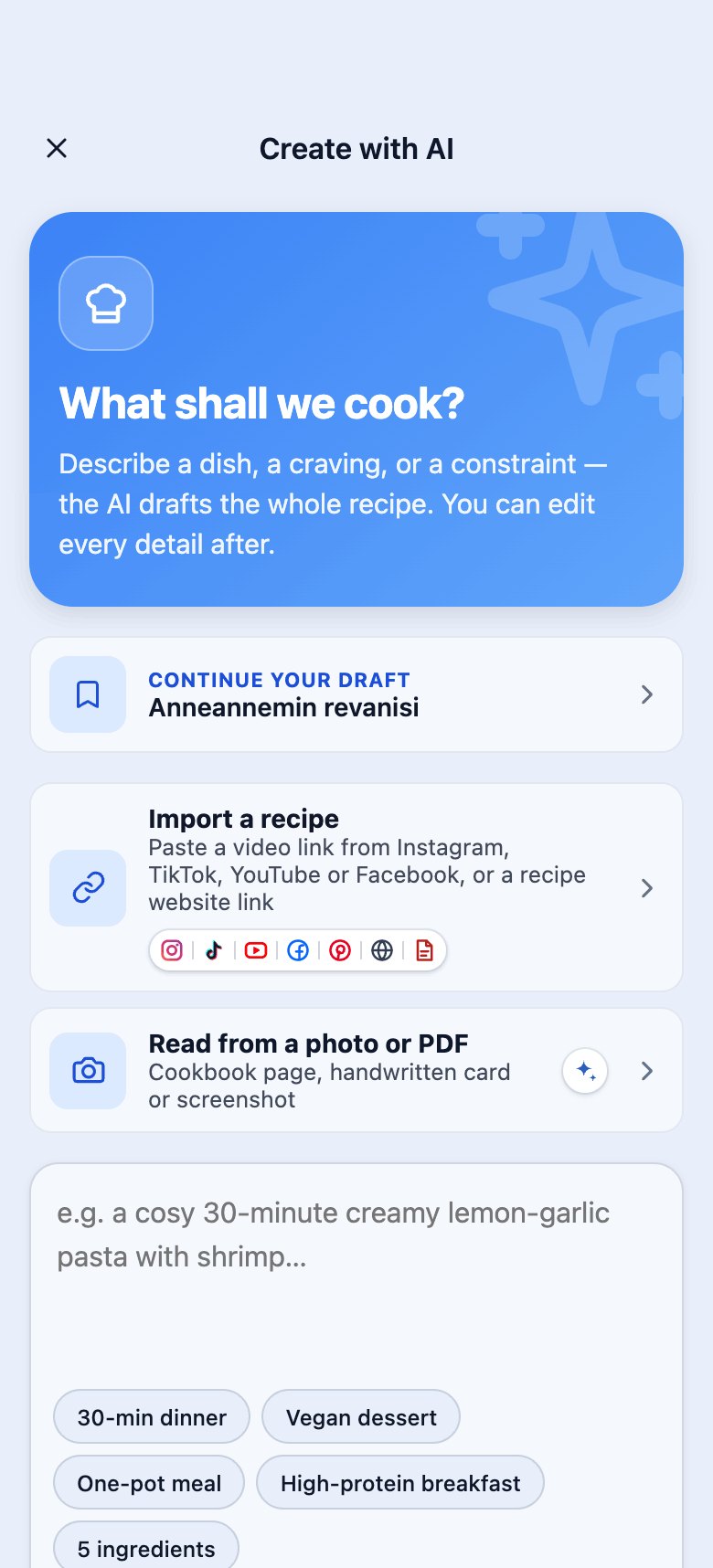 Recipely Create with AI screen