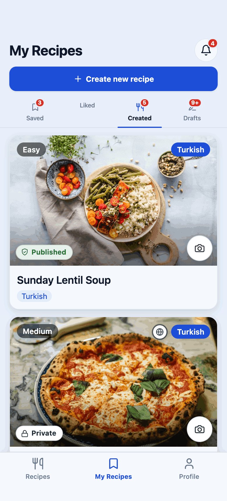 Recipely My Recipes screen, Created tab, with private and published recipes