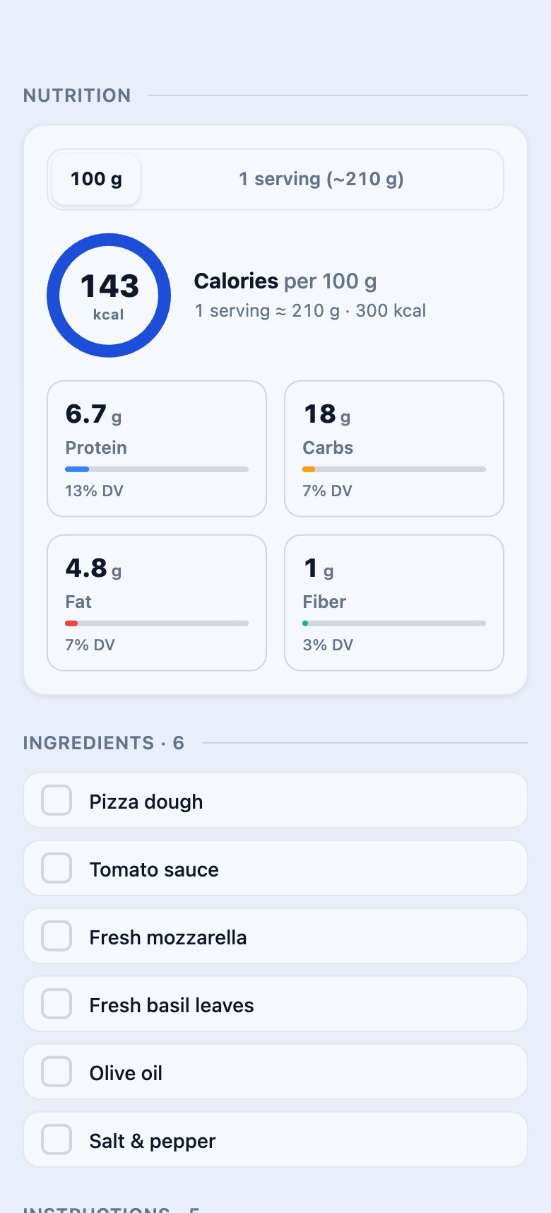 Recipely recipe page showing nutrition per 100 g