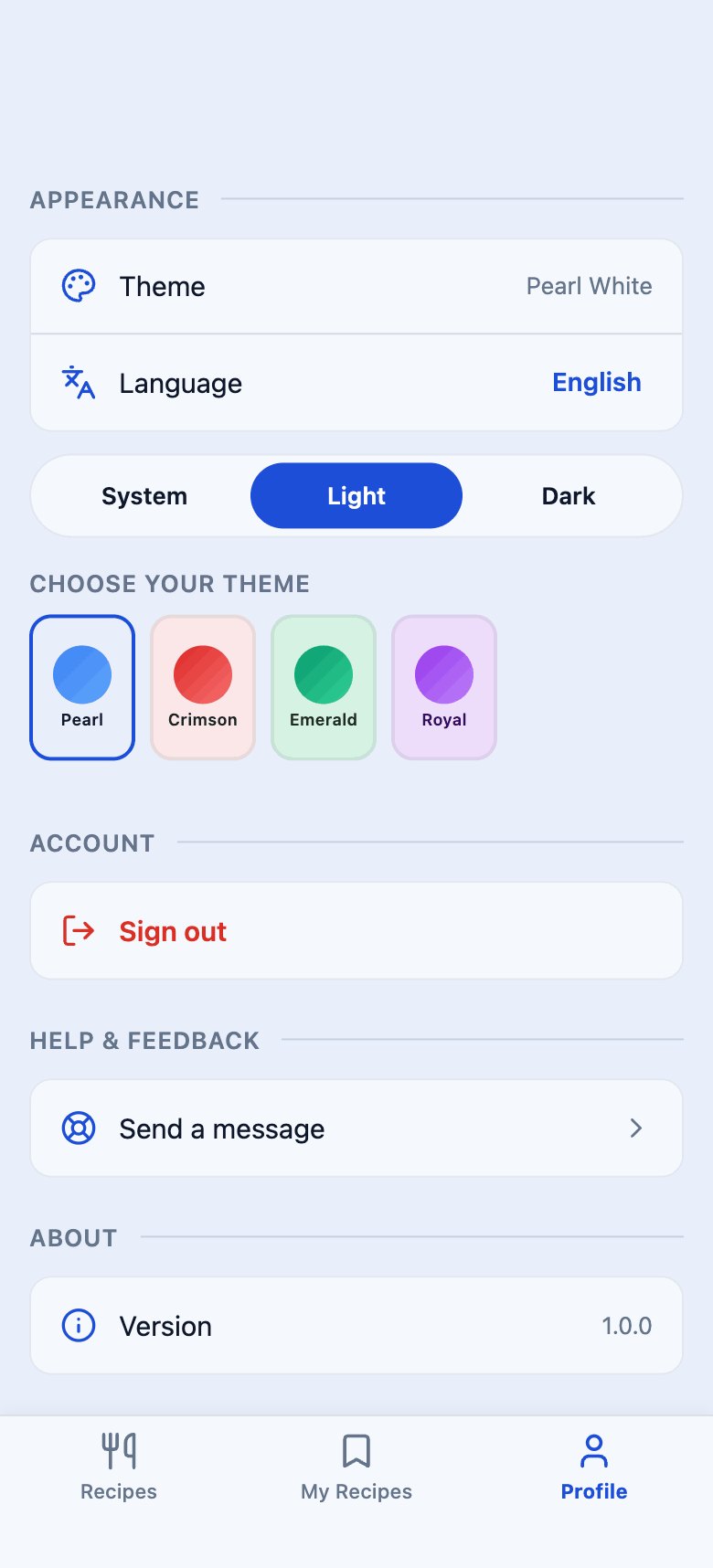 Recipely profile screen with the theme picker